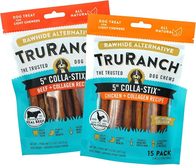 5" Collagen Sticks 2 Flavor Bundle: Beef, Chicken, Healthy Joint Support Dog Treat, Rawhide Alternative, Skin & Coat Health, Made with Real Beef and Chicken, 2 Bags, 30 Count