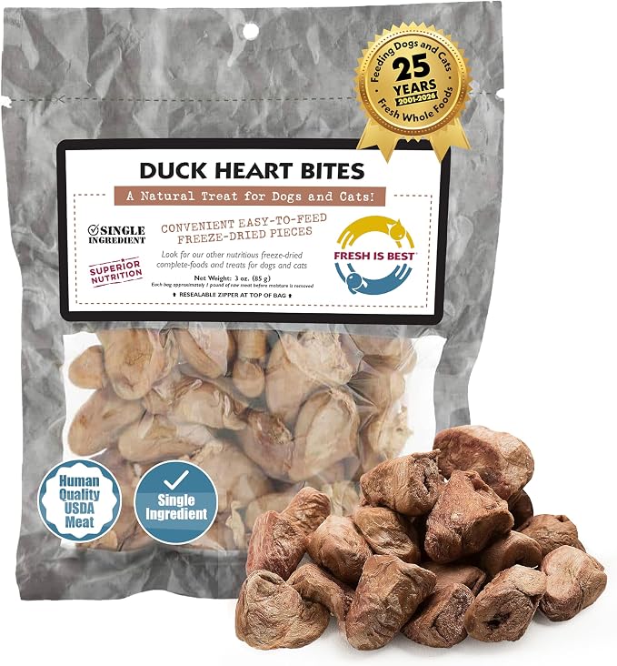 Duck Heart Freeze Dried Dog Treats – Raw Freeze Dried Cat Treats in Resealable Zipper Bag – High-Protein for Dogs & Cats – Made in The USA