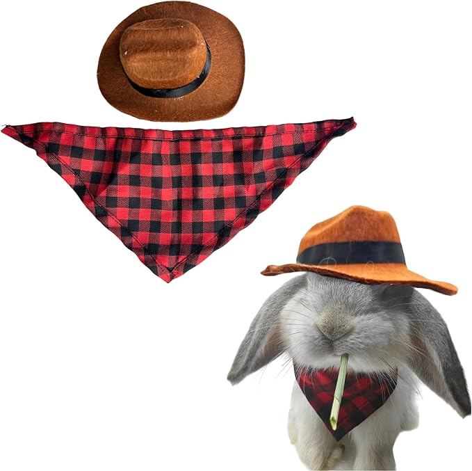 Cute Rabbit Cowboys Hat and Scarf Set, Funny Rabbits Pet Cowboy's Hat Scarf Outfits, Rabbits Dog Cat Pets Halloween Costume Hats Clothes Bunny Stuff Gifts Bunny Accessories (Coffee-Red Checkered)