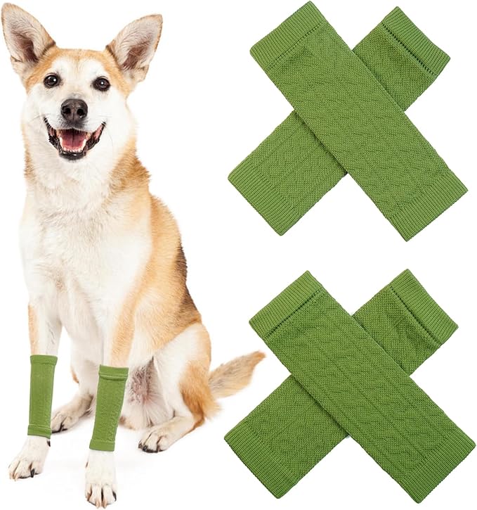 Dog Leg Wraps to Stop Licking, 2PCS Front Leg and 2PCS Back Leg Knee, Dog Elbow Wrap, Dog Leg Warmer Wrap Protector, Pet Elastic Knitted Breathable Protective Socks Green 2XL