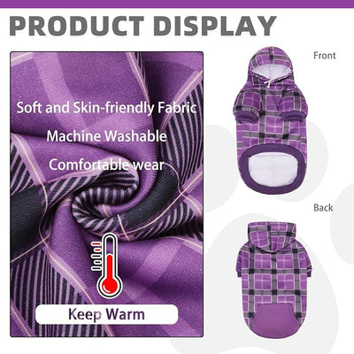 KOOLTAIL Plaid Dog Hoodie for Small Medium Large Dogs - Pet Clothes Sweater with Hat and Pocket for Cold Weather Winter, Warm Soft Dog Hooded Sweatshirt Coat Outfit for Puppy Cats Girls Boys Purple S