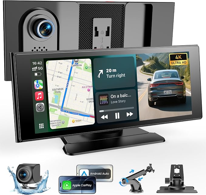 WonVon Wireless Car Play Screen, 10.26'' Monitor with Apple Carplay & Android Auto, 4K Dash Cam 64G, 1080P Backup Camera, Portable Smart Touch Tablet Stereo Multimedia Dashboard, Bluetooth/FM/GPS/AUX