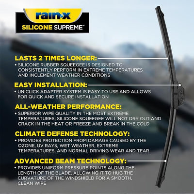 RainX Silicone Supreme Windshield Wiper Blade 16" - Heavy Duty Silicone Squeegee, Extreme Weather Resistance & All-Season Performance, Streak-Free Beam Technology, Quick Install (Pack of 1)