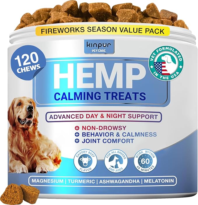 Hemp Dog Chews with Melatonin – Beef Flavor Soft Chews for Daily Use, Travel & Nighttime Routine – Dog Treats for Separation, Fireworks, Thunderstorms & Vet Visits – 120 Soft Chews