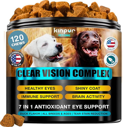 Clear Vision Eye Vitamins for Dogs – 4‑in‑1 Lutein, Lycopene, Vitamin C, Carrot & Fish Oil Vision Support for Senior & Adult Dogs with Cloudy Eyes & Tear Stains, Soft Duck Chews, 120 Tasty Treats