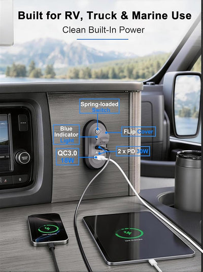 12V USB Outlet RV 3 Ports Car Charger: 78W Fast Charging Dual PD 3.0 & QC 18W Car Lighter Adapter with Switch & Blue Indicator Light - USB C 30W Wall Mount Panel Socket for Marine Bus Boat ATV Truck
