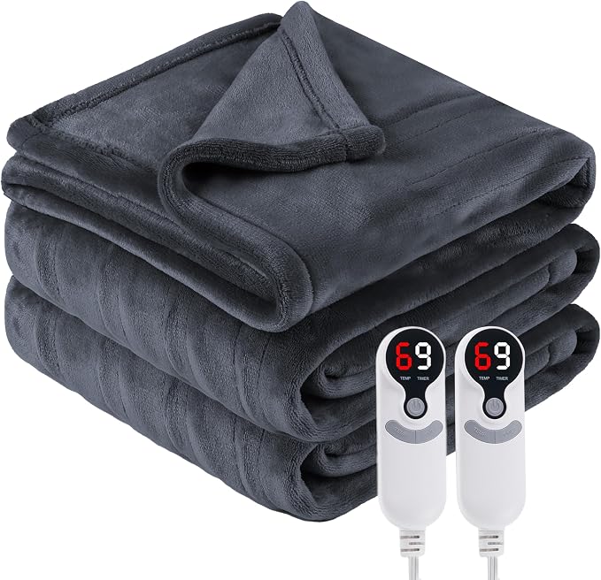 Eydna Electric Heated Blanket Queen Size 84"x90", Soft Plush Microplush for Bed, Dual Controllers & Heating Zones, 1-10Hs Auto Off & 9 Heating Levels, Machine Washable, Gifts for Womens-Dark Gray