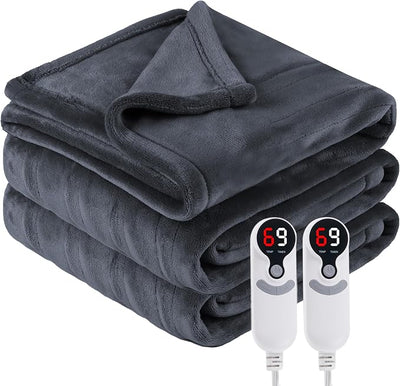 Eydna Electric Heated Blanket Queen Size 84"x90", Soft Plush Microplush for Bed, Dual Controllers & Heating Zones, 1-10Hs Auto Off & 9 Heating Levels, Machine Washable, Gifts for Womens-Dark Gray