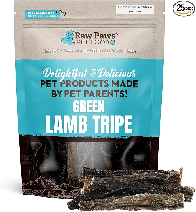 Raw Paws Green Lamb Tripe Sticks for Dogs (25-Count) - Single Ingredient, Grass-Fed & Free Range - Crunchy Lamb Dog Treats - All Natural Dog Chews