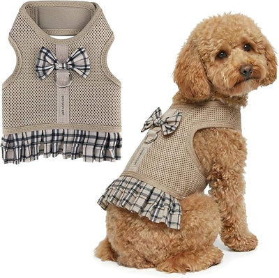 Parisian Pet Plaid Khaki Dog Harness Dress - Breathable No Pull Puppy Dress with Leash Ring - 100% Mesh Fabric Harnesses for Dogs - Soft Padded Step in Pet Vest - Dog Harness for Large Sized Dogs