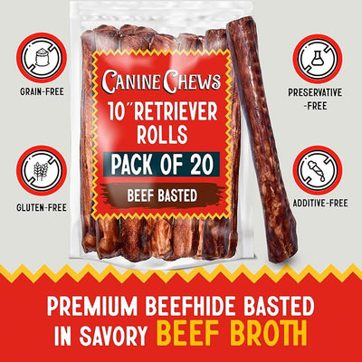 Canine Chews 10" Beef Basted Rawhide Bones for Large Dogs - 20 Pack - Hand-Rolled Dog Chews Basted in Beef Broth - Promotes Dental Health