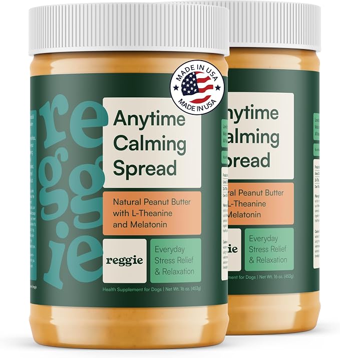 Reggie Calming Peanut Butter for Dogs, 100% Natural Dog Peanut Butter with Melatonin & L-Theanine, Lick Mat Spread for Short-Term Dog Anxiety Relief, Made in USA 16oz (2 Pack)