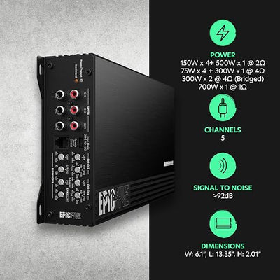 AudioControl EPICFIVE 5-Channel Amplifier Car Audio 1100W RMS, Compact Digital Class D, Includes Bass Knob, High/Low Pass & Subsonic Filter, Epic Bass Boost, Smart Auto Protection, Epicenter Link