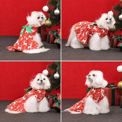 CuteBone Turtleneck Dog Velvet Dress Christmas Puppy Skirt Costume Pet Clothes Cat Apparel with Bow Hair Rope for Small Dogs CVD24M