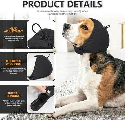 Meifsou Quiet Ears for Dogs - Adjustable Ear Covers for Noise, No Shake Dog Head Wrap, Calming Hood for Thunder, Lightning, Fireworks, Dralon Fabric and Thickened Soundproof Cotton, Heather Black, L