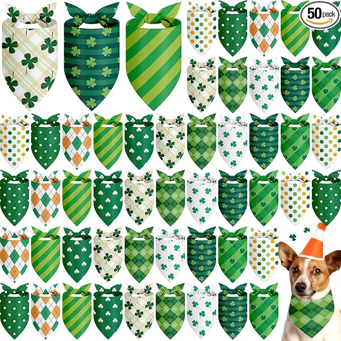50 Pcs St Patricks Day Bandanas Bulk for Dogs Adjustable Irish Shamrocks Clover Green Plaid Triangle Soft Bibs Puppy Bandana for Small Medium Large Cat Pet Costume(19.7 x 13.8 x 13.8 Inch)