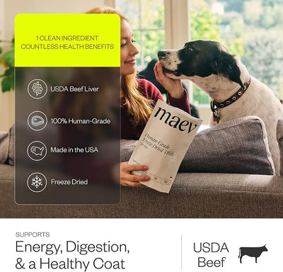 Maev Single-Ingredient Freeze-Dried Beef Liver Dog Treats, 4.4 oz | 100% USDA-Certified Human-Grade | Healthy Raw Dog Snacks | Perfect for Training & Sensitive Diets | Made in USA