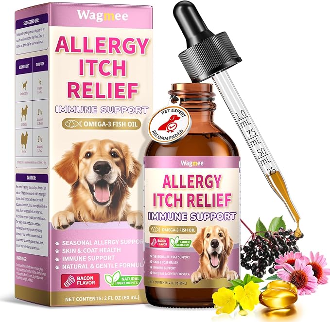 Wagmee Allergy Relief Drops for Dogs, Dog Itchy Skin Relief & Natural Yeast Treatment with Omega-3, Turmeric for Dogs Anti Itchy Ears Paw Relief - Dog Seasonal Allergies, Skin & Coat Immune Support