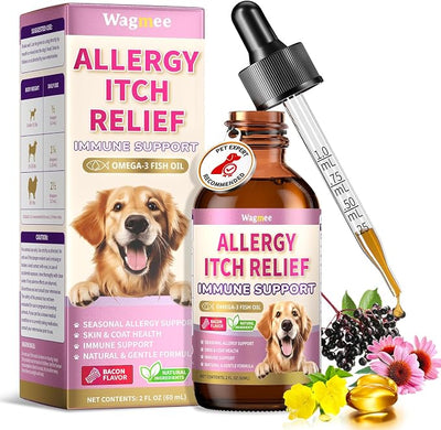 Wagmee Allergy Relief Drops for Dogs, Dog Itchy Skin Relief & Natural Yeast Treatment with Omega-3, Turmeric for Dogs Anti Itchy Ears Paw Relief - Dog Seasonal Allergies, Skin & Coat Immune Support