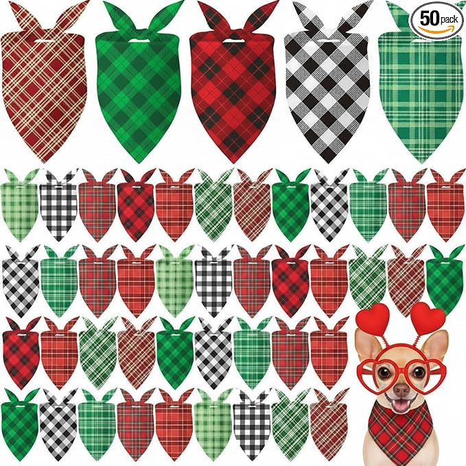 50 Pcs Valentine's & St. Patrick's Day Dog Bandanas Bulk Red & Green Plaid Bandanas for Dogs Soft Triangle Bibs Adjustable Scarf for Small Medium Large Pets(31.5 x 21.7 x 21.7 Inch)