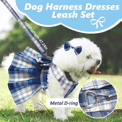 Dog Dress Bowknot Harness Leash Set for Small Dogs Girl Cute Plaid Dog Dress Pearls Bow Tie Spring Summer Princess Clothes Birthday Holiday Doggie Outfits for Puppy Cats Girl Apparel (Blue, X-Large)