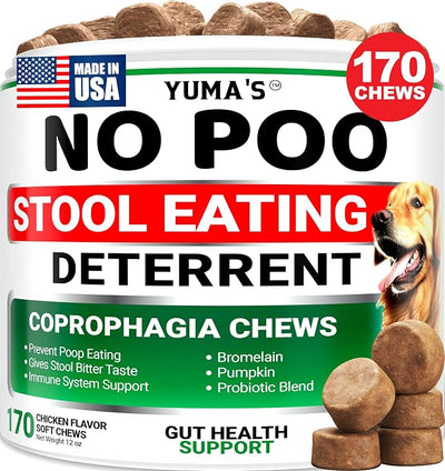 YUMA'S No Poo Chews for Dogs - 170 Treats - Coprophagia & Stool Eating Deterrent for Dogs - Stop Eating Poop for Canine - Probiotics & Digestive Enzymes Supplement - Gut Health - Made in USA