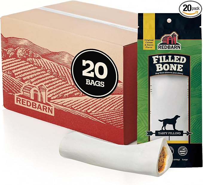 Large Cheese n' Bacon Filled Bones Dog Treats 20-Pack - Premium Beef Femur Bones for Aggressive Chewers, Long Lasting Dog Chews for Large Dogs, Dental Health