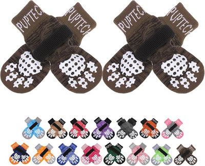 PUPTECK Anti-Slip Dog Socks with Double Sides Grips for Small Medium Large Dogs Hardwood Floors Prevents Licking, Dog Shoes for Hot Pavement Traction Control for Senior Dogs, Coffee Brown L