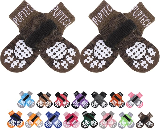 Anti-Slip Dog Socks with Double Sides Grips for Small Medium Large Dogs Hardwood Floors Prevents Licking, Dog Shoes for Hot Pavement Traction Control for Senior Dogs, Coffee Brown L