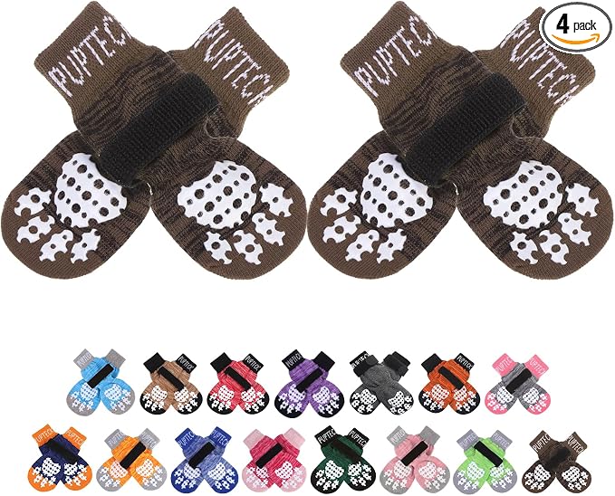 Anti-Slip Dog Socks with Double Sides Grips for Small Medium Large Dogs Hardwood Floors Prevents Licking, Dog Shoes for Hot Pavement Traction Control for Senior Dogs, Coffee Brown XS