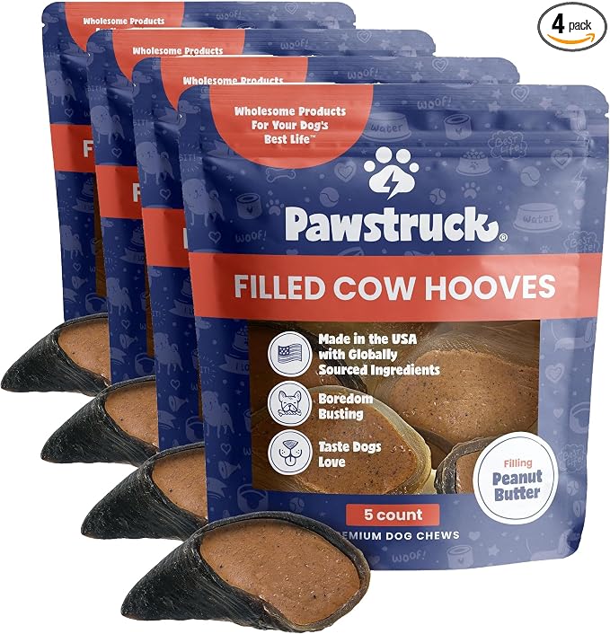 Peanut Butter Filled Cow Hooves for Dogs – Made in USA, Long-Lasting Dental Treats and Chews – Beef Hoof – 5 Count – Packaging May Vary (Pack of 4)