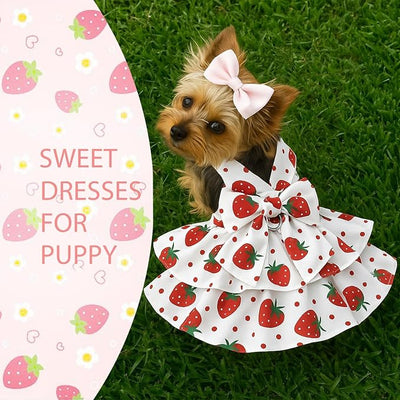 Dog Dress Bowknot Harness Leash Set for Small Dogs Red Strawberry Dog Cat Clothes Cute Puppy Outfits Pet Clothes Spring Summer Breathable Dresses(Large)