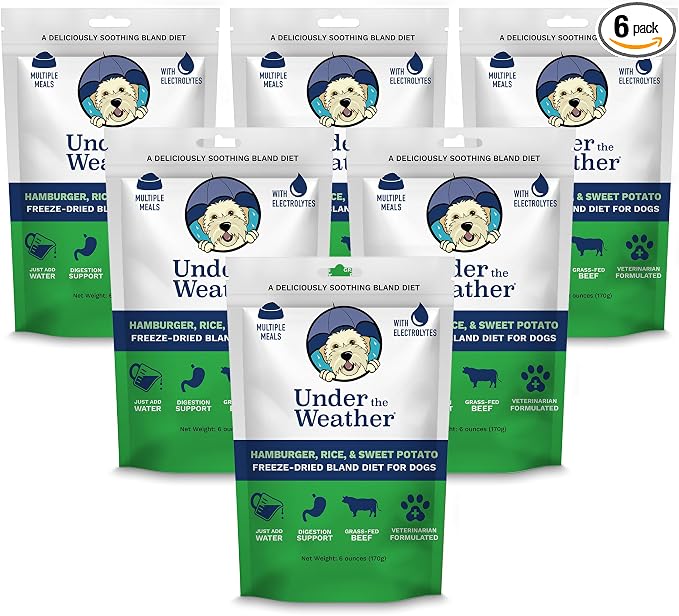 Under the Weather Easy to Digest Bland Diet for Sick Dogs | Contains Electrolytes | Gluten Free, All Natural, Freeze Dried 100% Human Grade Meats | 6 Pack - Hamburger, Rice & Sweet Potato