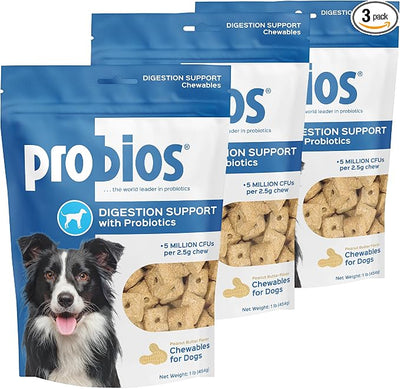 Probios Digestive Support Chewables for Dogs, Daily Probiotic Supplement with Digestive Enzymes and Prebiotics for Gut Health and Immune Support, 1 lb (Pack of 3)
