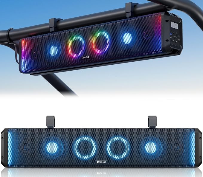 26 Inch UTV Sound Bar, IP66 Waterproof Bluetooth Golf Cart Sound Bar, ATV SoundBar with RGB Lighting, Amplified Powersports SXS SoundBar, UTV Speakers Compatible with Polaris RZR Can-Am