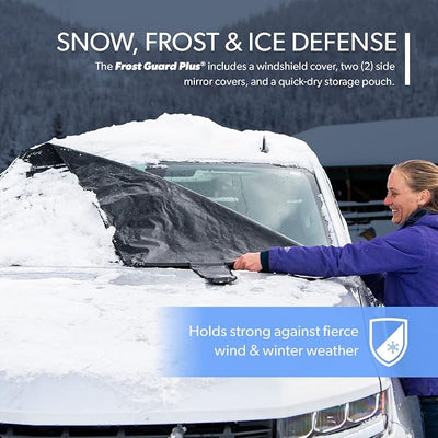 FrostGuard Plus | Winter Windshield Cover for Ice and Snow, Standard Size (Black) - Built-in Security Panels, Wiper Blade Coverage + Mirror Covers - Fits Standard Size Cars, 59 x 41 Inches