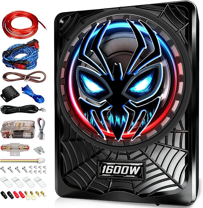 1600W Slim Underseat subwoofers 10" Powered Sub with Amp Package | RGB Ambient Lights, Individual Controls (LPF/Gain/Bass Boost), Distortion-Free Deep Bass, Universal Fit for All Vehicle Models