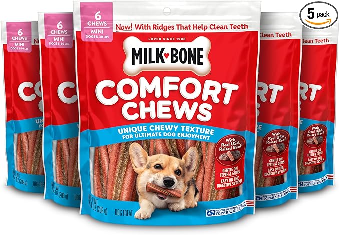 Milk-Bone Comfort Chews, Mini Dog Chews with Unique Chewy Texture and Real Beef, 7.4 Oz. Bag (Case of 5) (6 Chews Each)