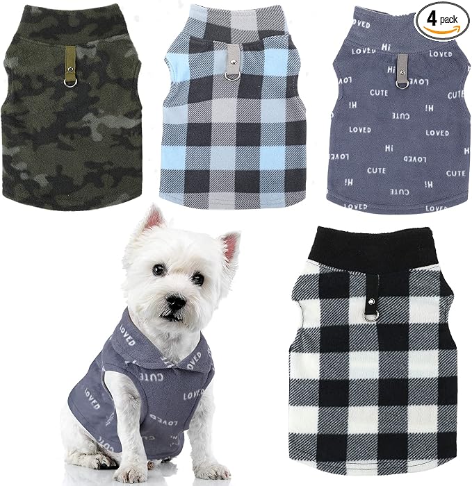4 Pieces Winter Fabric Dog Sweater with Leash Ring Soft Fleece Vest Dog Clothes Plaid Camouflage Warm Puppy Jacket Pullover Clothes for Small Cat Puppy Chihuahua(S)