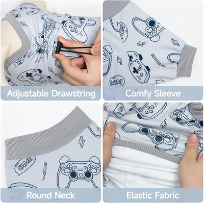 XPUDAC 4 Pack Dog Pajamas, Soft Puppy Clothes with Drawstring Adjustable Stretchy Dogs Onesie for Small Medium Doggie Shed Defender Dog Suit Pet Outfit Boy, L
