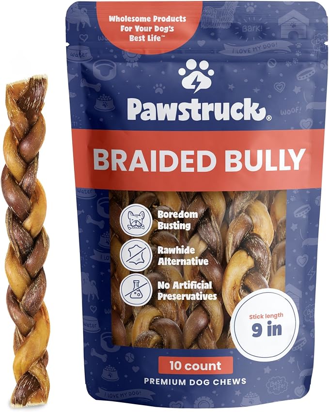 Natural 9” Braided Bully Sticks for Dogs - Tough, Long-Lasting, Rawhide-Free, Low Odor, Healthy Single Ingredient Chew Treat for Aggressive Chewers - 10 Count - Packaging May Vary