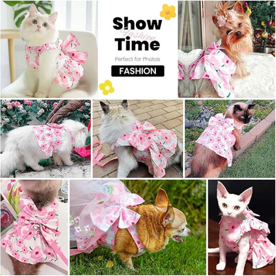 ABRRLO Cute Dog Dress Small Dog Clothes for Girls Female Puppy Outfits Pink Floral Pet Summer Clothes Bowknot Doggy Cat Princess Dress Harness Set for Holiday Birthday Party Costume Clothing (Pink,S)