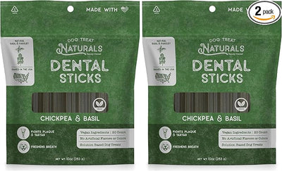 Dog Treat Naturals Chickpea & Basil Dental Sticks 10oz, 20ct | Dog Dental Chew Treats for Small, Medium, Large Dogs | Freshen Breath, Fight Plaque-Tartar | Natural Teeth Cleaning Treats | USA Made