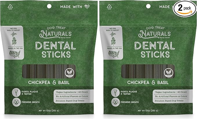 Chickpea & Basil Dental Sticks 10oz, 20ct | Dog Dental Chew Treats for Small, Medium, Large Dogs | Freshen Breath, Fight Plaque-Tartar | Natural Teeth Cleaning Treats | USA Made