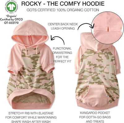 Pet Passion Rocky – The Original Lightweight Hooded Tee 100% Organic Cotton Dog Hoodie Pet Coat Sweater for All Sized Dogs, Pink Half Camo, X-Small (5-12 lbs)