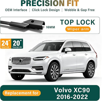Windshield Wiper Blades Replacement for Volvo XC90 2016 2017 2018 2019 2020 2021 2022, Original Equipment Replacement Front Rear Wiper Blade Set - 24" 20" 15" (Set of 3)