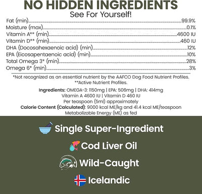 Pure Cod Liver Oil for Dogs - 8 oz - Contains Omega 3, Omega 6, Vitamin A, and Vitamin D to Reduce Itching and Promote Skin and Coat, Heart, Joint, and Immune Health