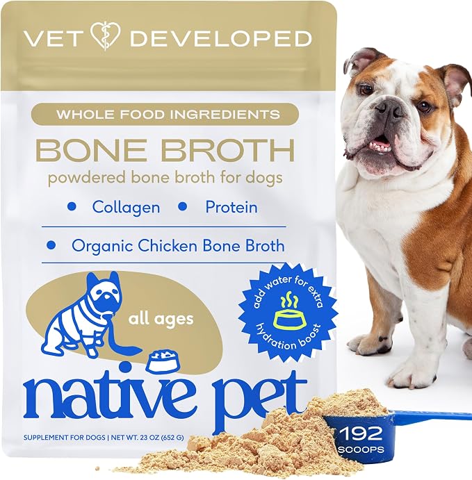 Bone Broth for Dogs and Cats - Chicken Bone Broth Powder Dog Food Toppers for Picky Eaters - Provides Extra Nutrition for Joint Strength, Immune Support & Heart Health - 192 Scoops