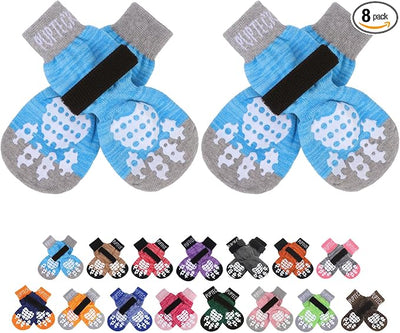 PUPTECK Anti-Slip Dog Socks with Double Sides Grips for Small Medium Large Dogs Hardwood Floors Prevents Licking, Dog Shoes for Hot Pavement Traction Control Paw Protector for Senior Dogs, Blue M