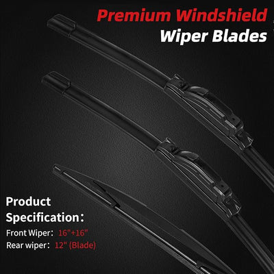 OTUAYAUTO Windshield Wiper Blades Replacement for Jeep Wrangler JL 2018-2024 All-Extreme Weather Performance Quiet No Trace Front and Rear Wipers U/J Hook 16"+16"+12" (Pack of 3)